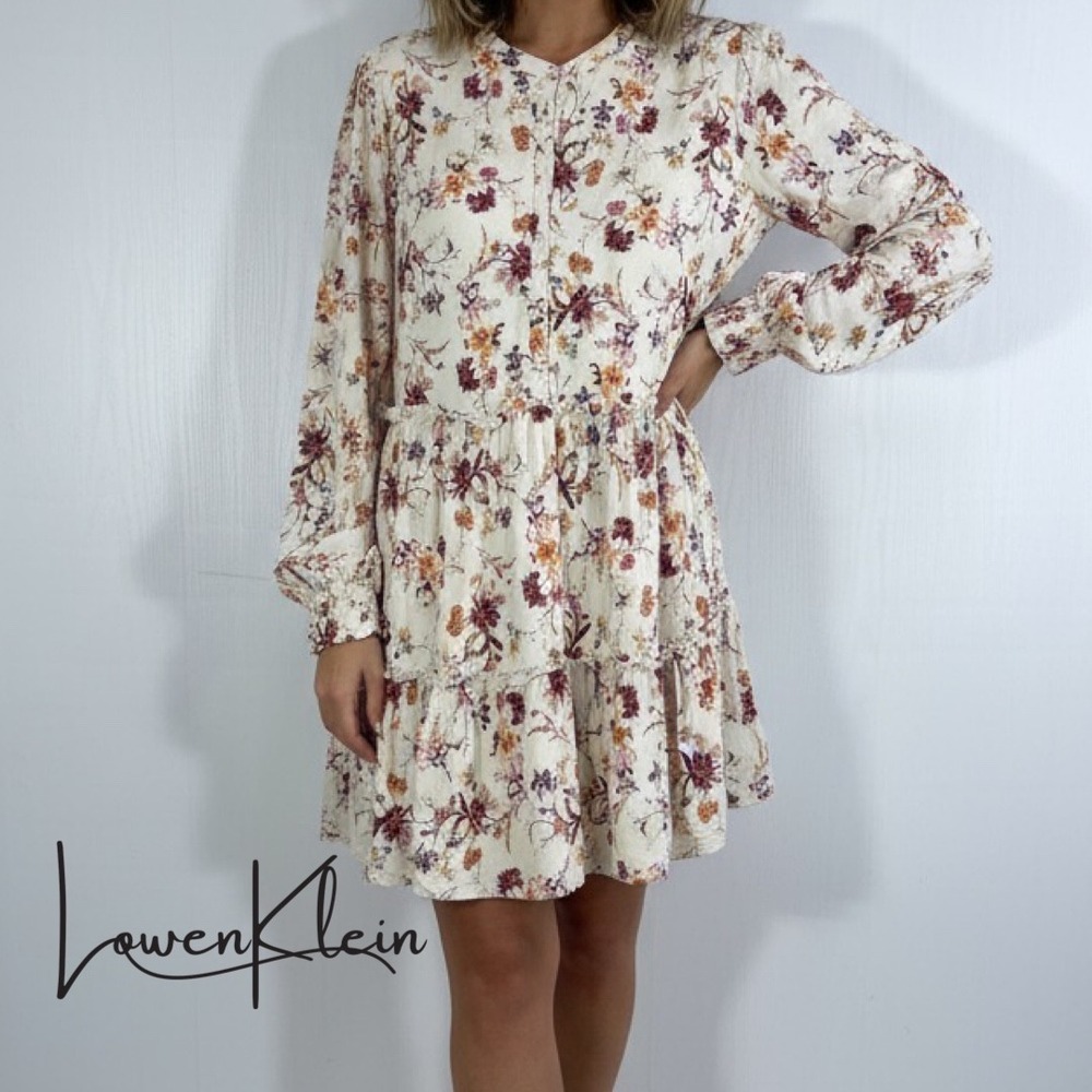 LowenKlein Elegant Floral Long Sleeve Dress - Cream